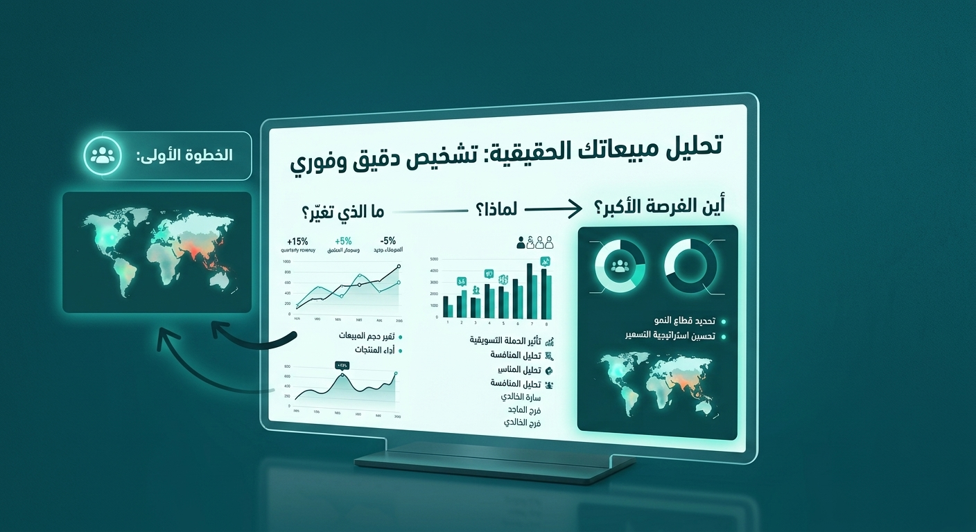 مشخّص المبيعات الحي (يقرأ مبيعاتك الحقيقية ويخرج تشخيصاً واضحاً: ما الذي تغيّر، ولماذا، وأين الفرصة الأكبر.)